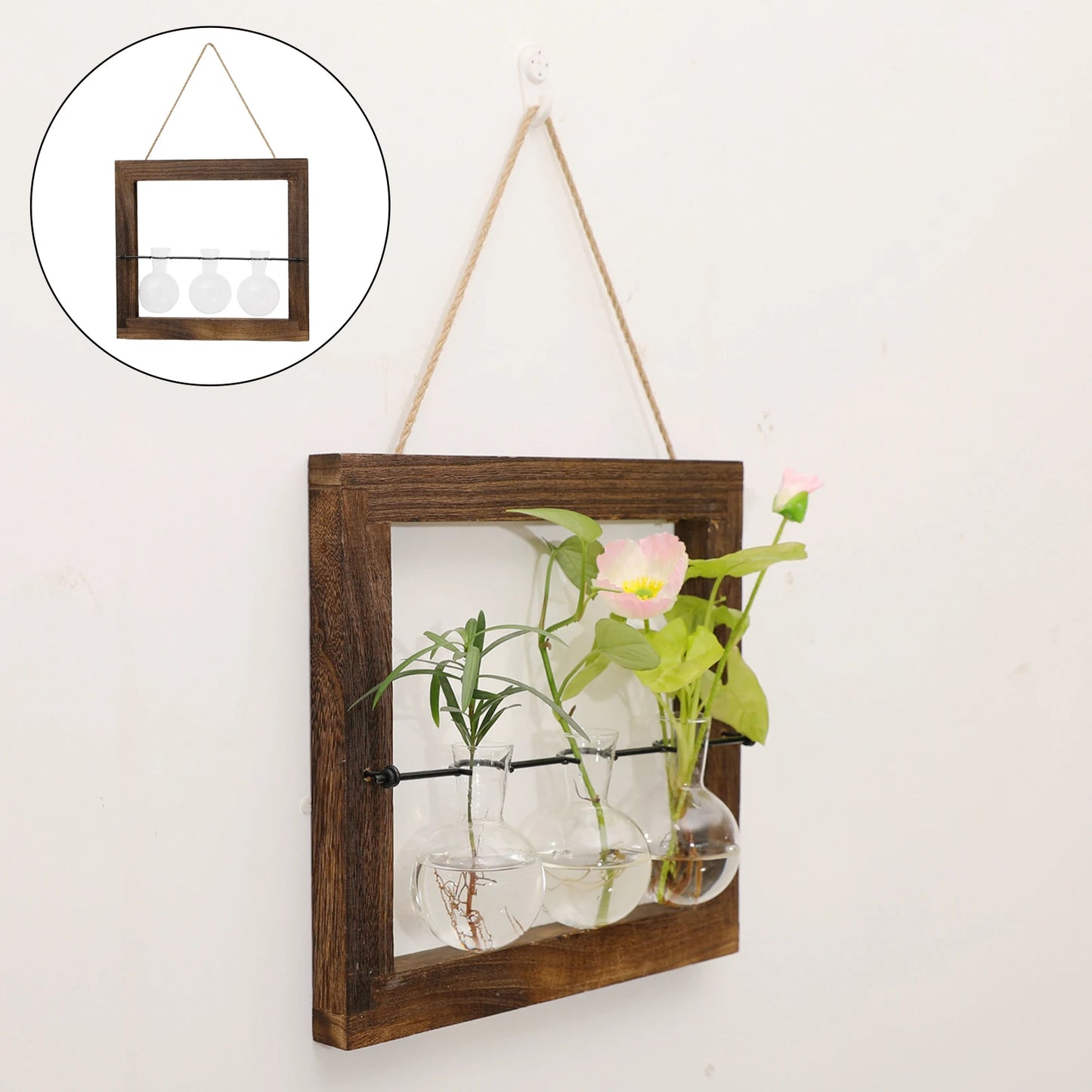 Jarrón de estación de propagación, macetero de vidrio para colgar en la pared, cuenco para plantar agua, decoración de terrario, florero de escritorio con bulbos, recipiente con marco de madera