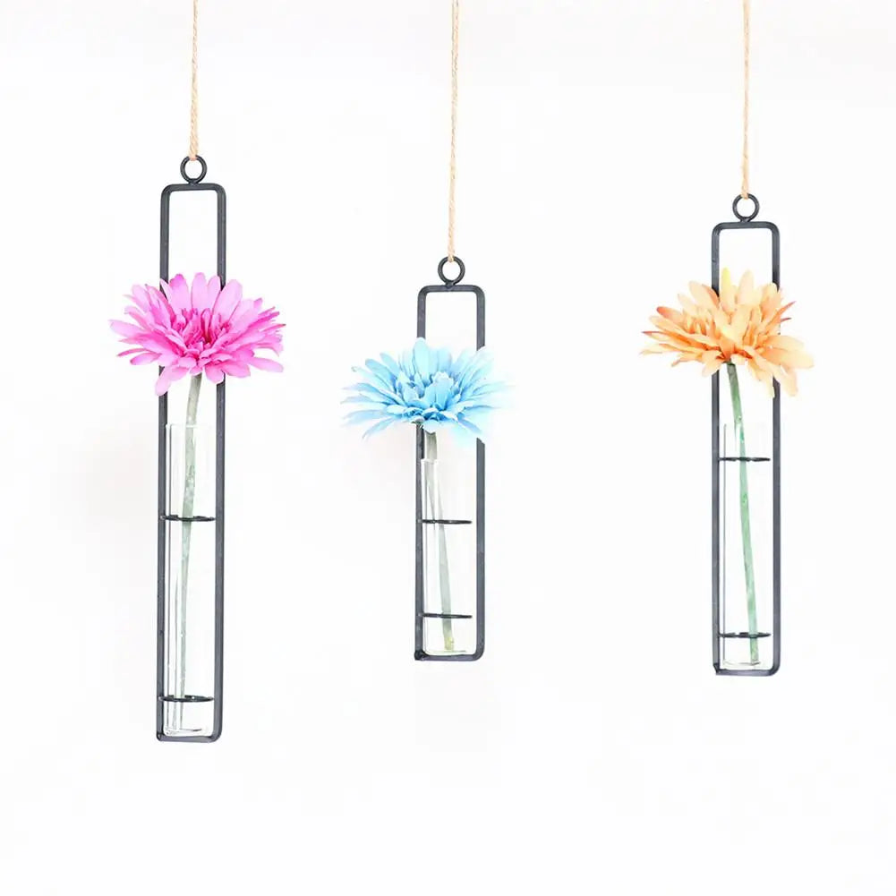 Creative Wall Hanging Flower Vase Iron Glass Hydroponics Planter Pot Transparent Hanging Flower Bottle Home Ornament Decoration