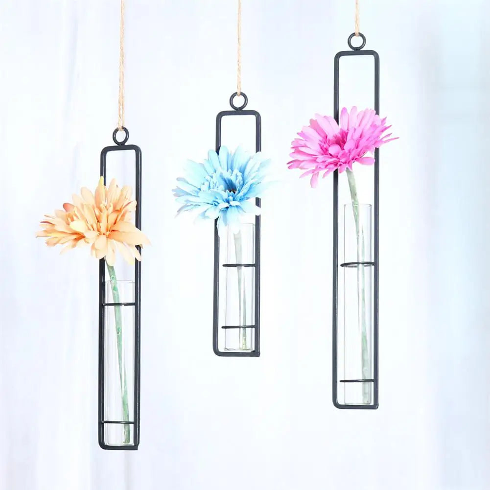 Creative Wall Hanging Flower Vase Iron Glass Hydroponics Planter Pot Transparent Hanging Flower Bottle Home Ornament Decoration