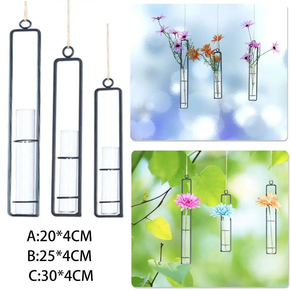 Creative Wall Hanging Flower Vase Iron Glass Hydroponics Planter Pot Transparent Hanging Flower Bottle Home Ornament Decoration