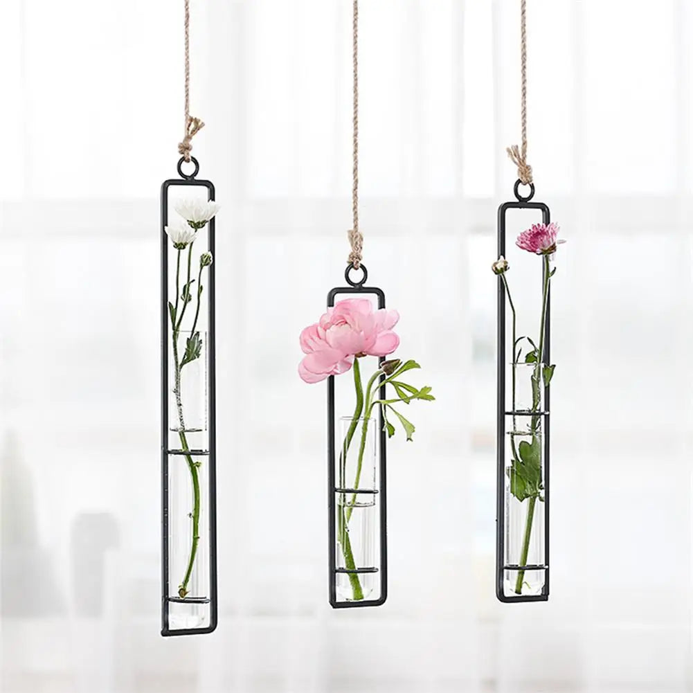 Creative Wall Hanging Flower Vase Iron Glass Hydroponics Planter Pot Transparent Hanging Flower Bottle Home Ornament Decoration