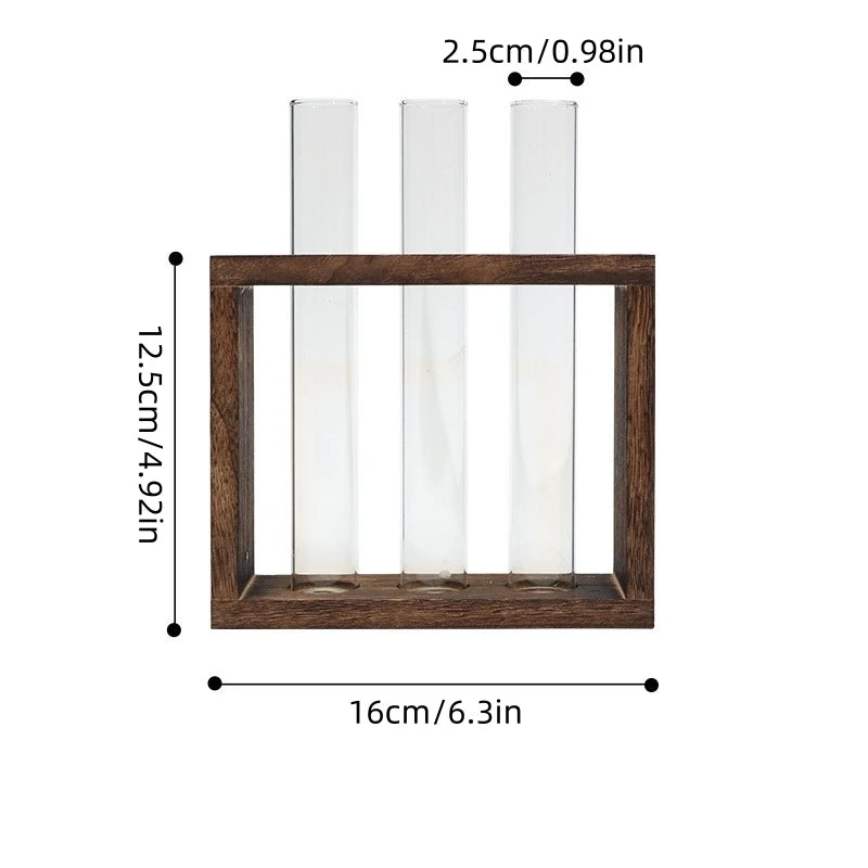 5-Tube Glass Hydroponic Planter with Wooden Stand, Self-Watering Wall/Desktop Plant Vase for Indoor Herb Garden, Unique Gift for