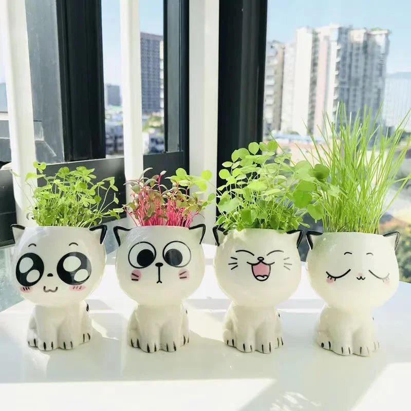 1pc Ceramic Flowerpot Mini Cat Cartoon Cute Potted Plant Desktop Cat Plant Pot DIY Desk Decorate Science Education School Gifts