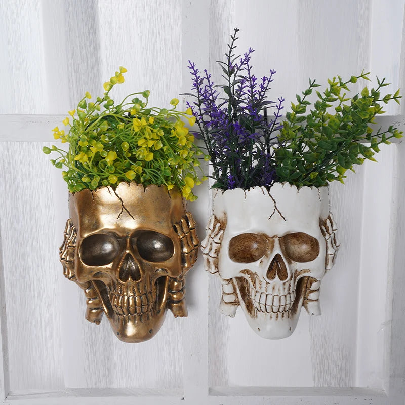 Skull Head Flower Pots Gothic Skeleton Planter Container Office Planter Succulent Plant Organizer Halloween Tabletop Ornament