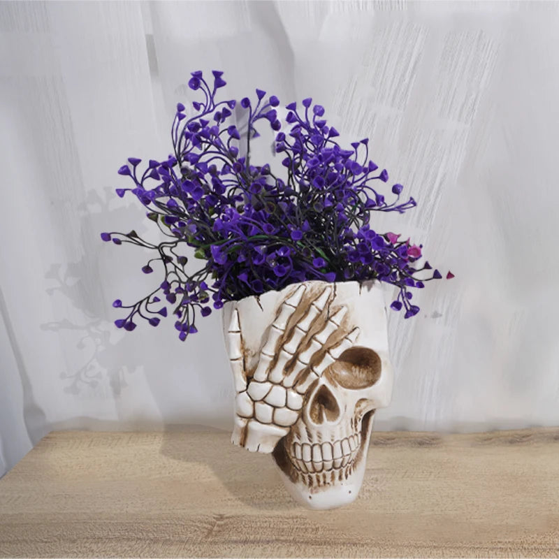 Skull Head Flower Pots Gothic Skeleton Planter Container Office Planter Succulent Plant Organizer Halloween Tabletop Ornament