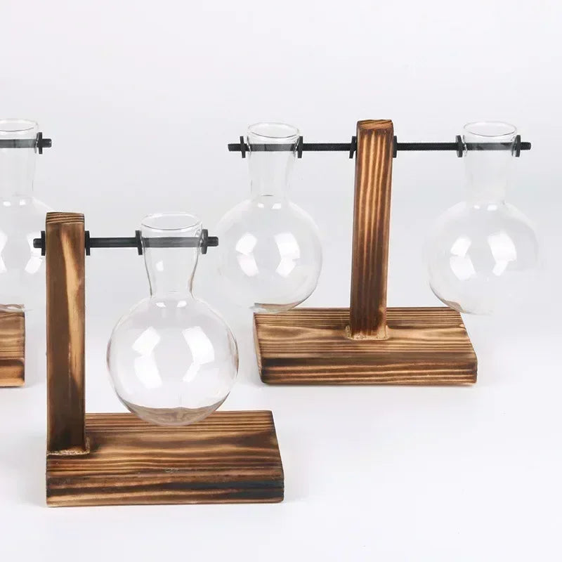 Transparent Bulb Vase with Wooden Stand Desktop Glass Planter for Hydroponics Plants Coffee Shop Room Decor