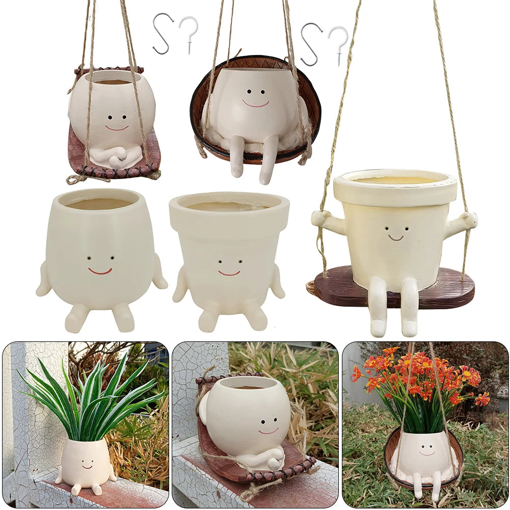 Cute Planter Pot Swing Face Planter Plant Hanger Basket Creative Flower Pot Container Hanging Planter Garden Supplies Home Decor