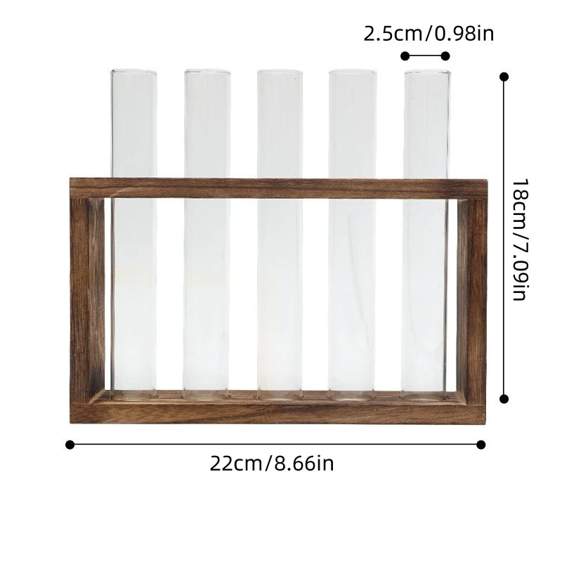 5-Tube Glass Hydroponic Planter with Wooden Stand, Self-Watering Wall/Desktop Plant Vase for Indoor Herb Garden, Unique Gift for