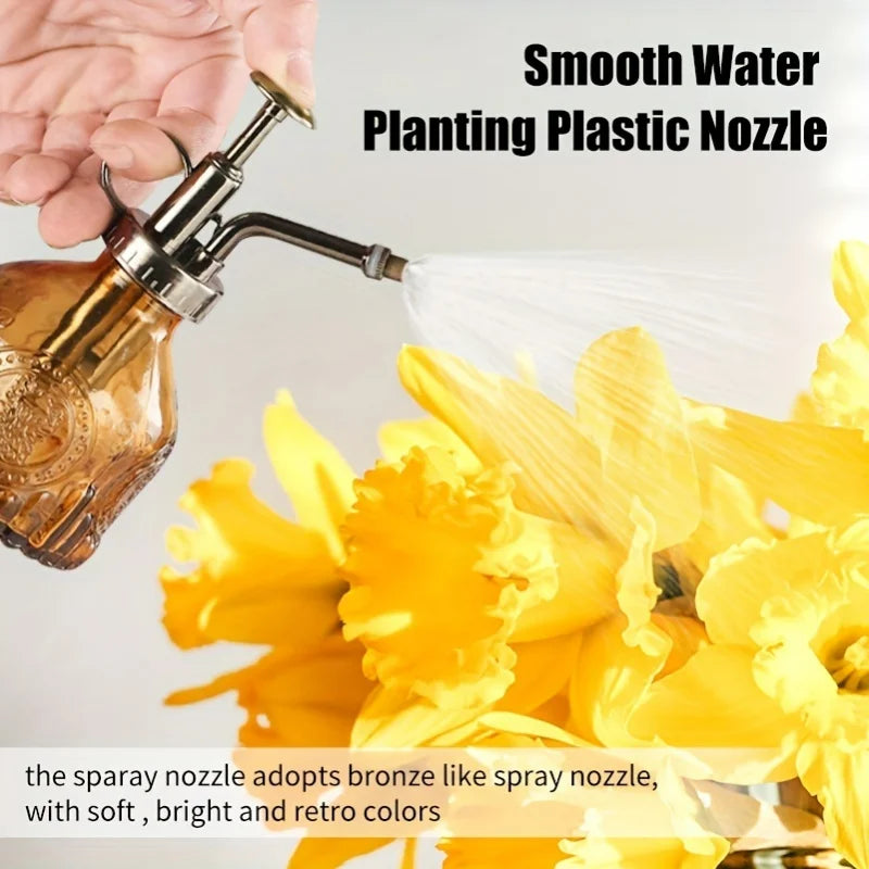 1pc Glass Watering Spray Bottle, Vintage Bronze Plastic Top Pump Watering Can Glass Spray Bottle Plant Mister, For House Plants,