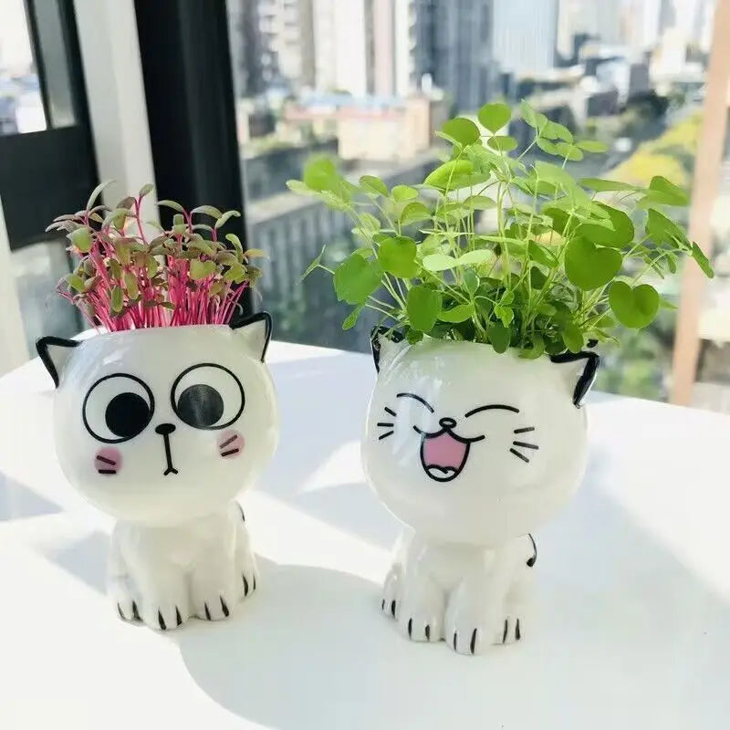 1pc Ceramic Flowerpot Mini Cat Cartoon Cute Potted Plant Desktop Cat Plant Pot DIY Desk Decorate Science Education School Gifts