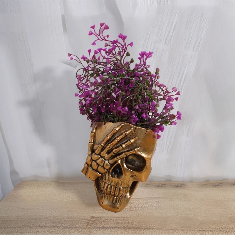 Skull Head Flower Pots Gothic Skeleton Planter Container Office Planter Succulent Plant Organizer Halloween Tabletop Ornament