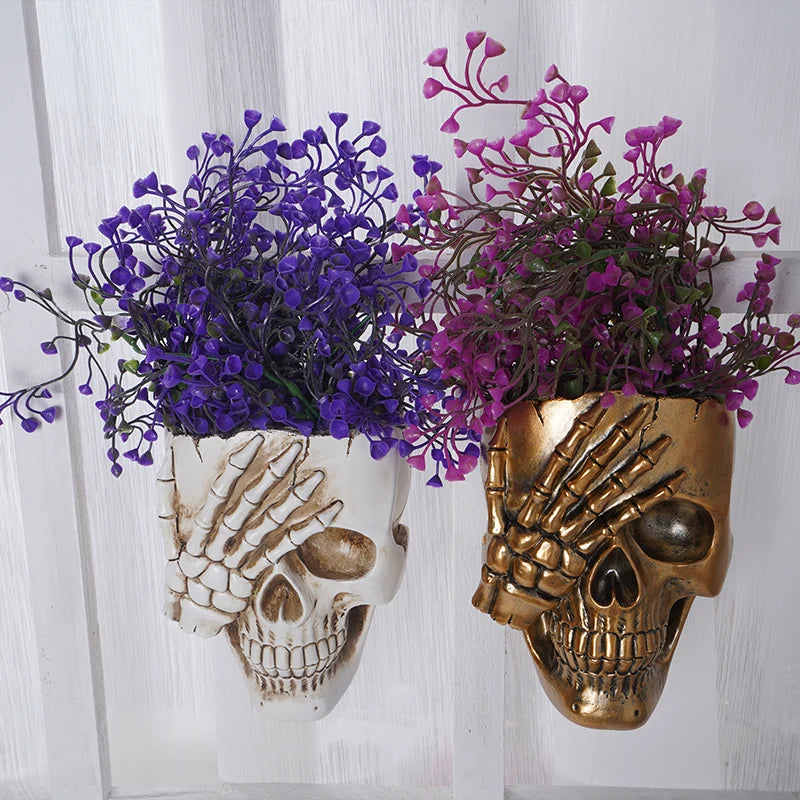 Skull Head Flower Pots Gothic Skeleton Planter Container Office Planter Succulent Plant Organizer Halloween Tabletop Ornament