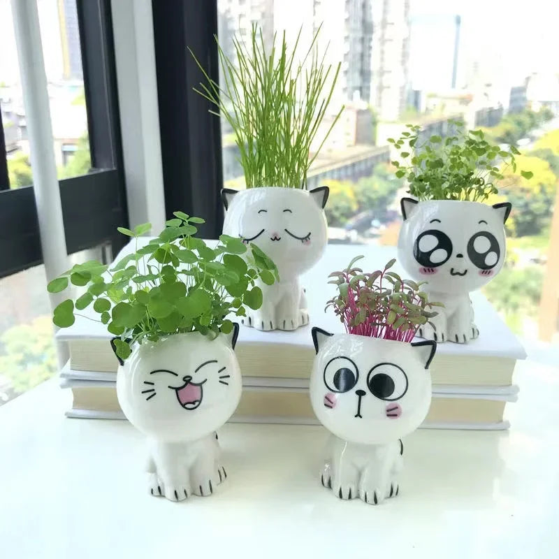 1pc Ceramic Flowerpot Mini Cat Cartoon Cute Potted Plant Desktop Cat Plant Pot DIY Desk Decorate Science Education School Gifts