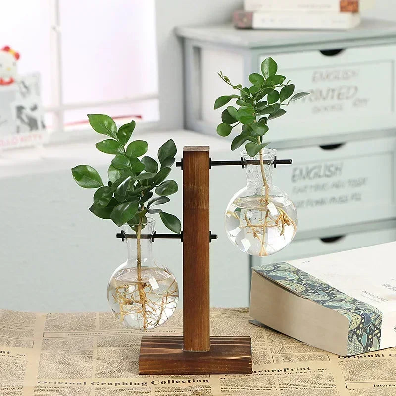 Transparent Bulb Vase with Wooden Stand Desktop Glass Planter for Hydroponics Plants Coffee Shop Room Decor